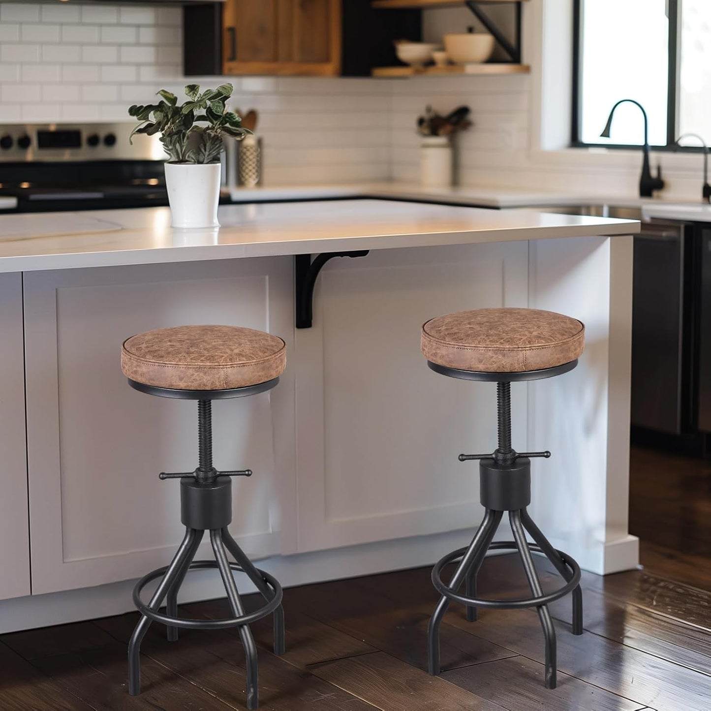 Set of 2-Vintage Bar Stool Swivel PU Leather Seat Kitchen Island Workbench Chair Height Adjustable 23-31 inch