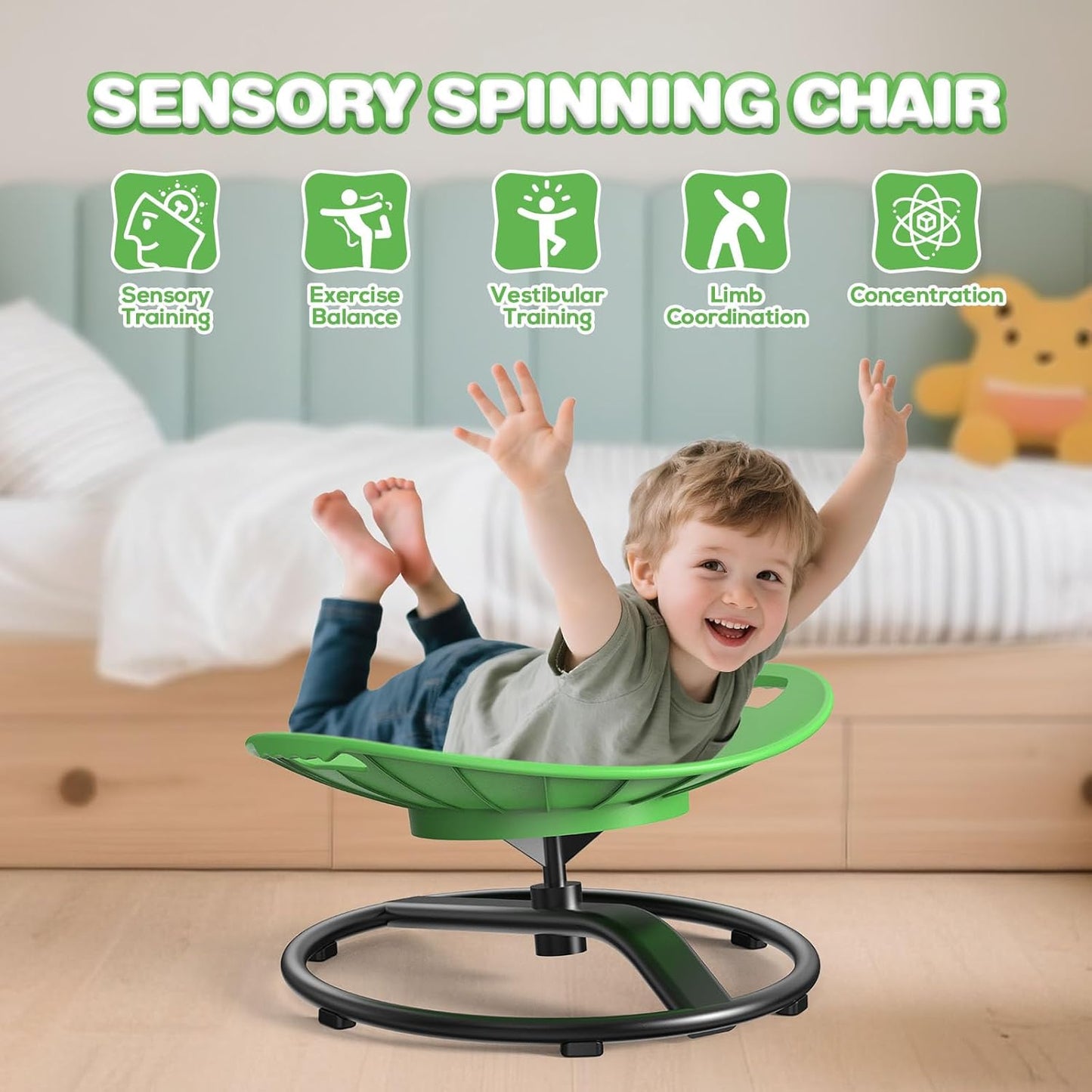 Spinning Chair for Autistic Kids - Safety Handle Sensory Chair for Autistic Children with Non-Slip Design, 3-12 Years Kids Swivel Chairs (Green)