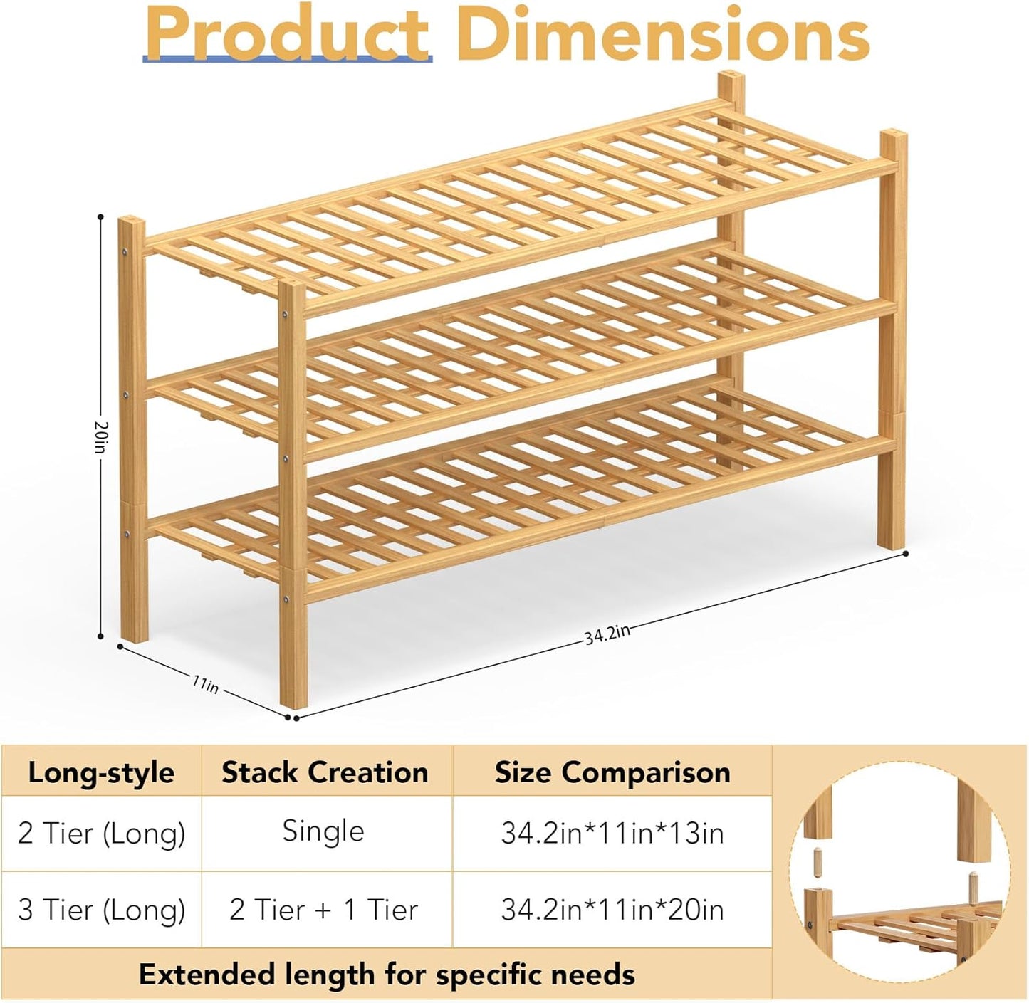 Haddockway Long 3 Tier Bamboo Shoe Rack Storage Organizer,Multifunctional Free Standing Stackable Shoe Shelf with Grid Panel for Closet,Hallway,Entryway,Small Space 34.2"x11"x20"(Natural, 3-Tier Long)