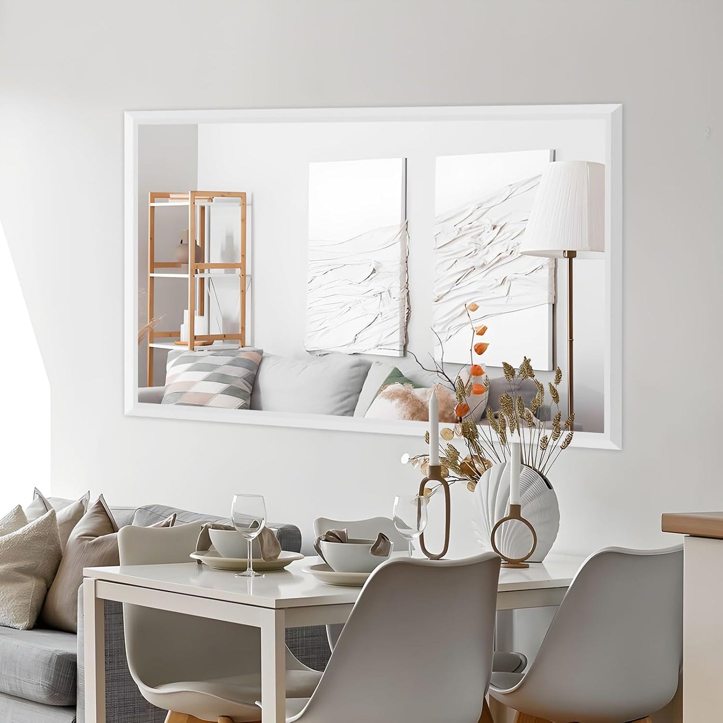 Amorho Bathroom Mirror, 60X36 Inch White Thick Metal Framed Wall Mirrors for Over 2 Sinks, Bedroom, Living Room, Entryway, Large Rectangle Wall-Mounted Mirrors.