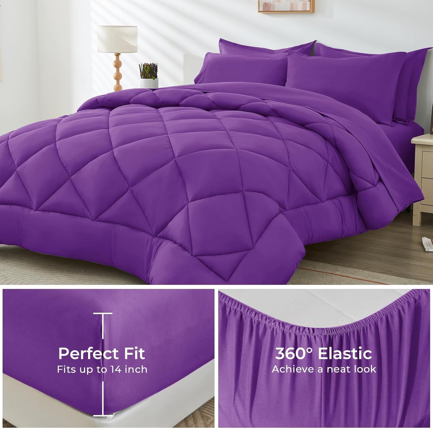 HEVUMYI Purple Cali-King Comforter Set - 7-Piece All Season Bed in a Bag Cali-King, Ultra Soft Bedding Set with Comforter, Flat Sheet, Fitted Sheet, Pillowcases, Pillow Shams