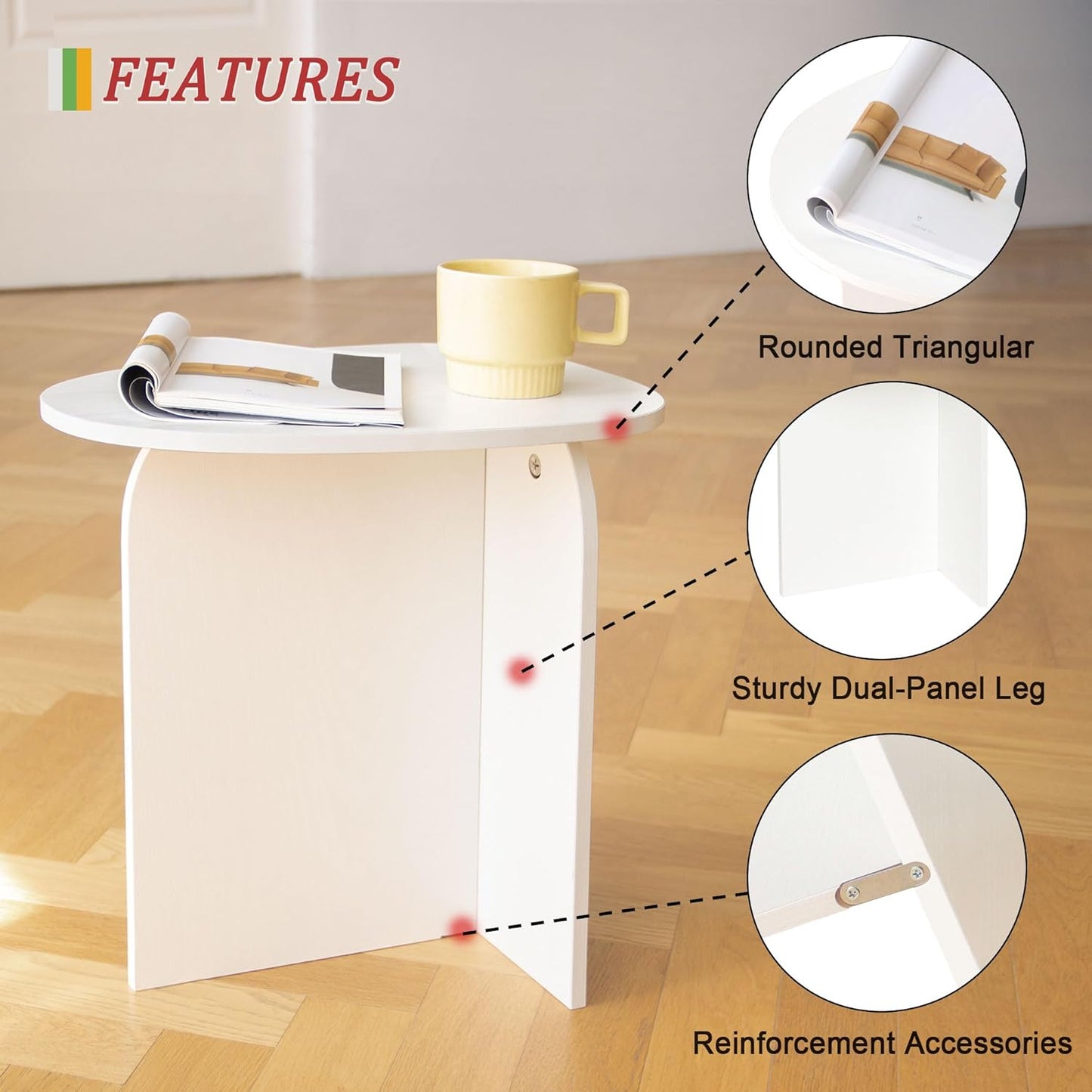 AWASEN White Side Table, Small Triangle End Table Living Room, Modern Accent Table with Unique Tabletop, Mini Bedside Table for Small Spaces, White