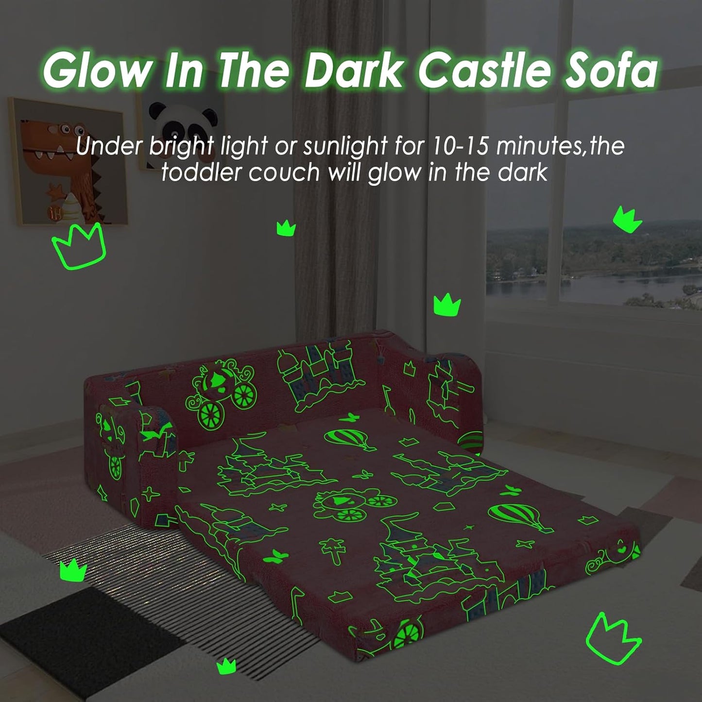 Kids Couch Extra Large,Glow in The Dark 2-in-1 Folding Kids Sofa Bed for Girls,2 Seats Convertible Sleeper Lounger Toddler Couch for Children Bedroom Playroom Nursery,Castle