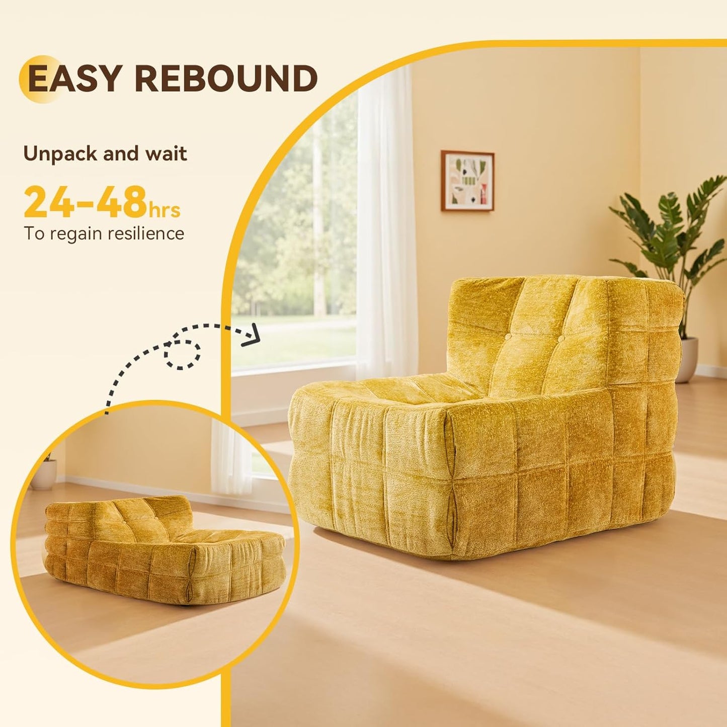 Bean Bag Chair, Soft Chenille Pre-Filled Lazy Chair Floor Sofa Bean Bag Chair for Adults and Teens, Accent Chair for Living Room Bedroom Apartment (Yellow)