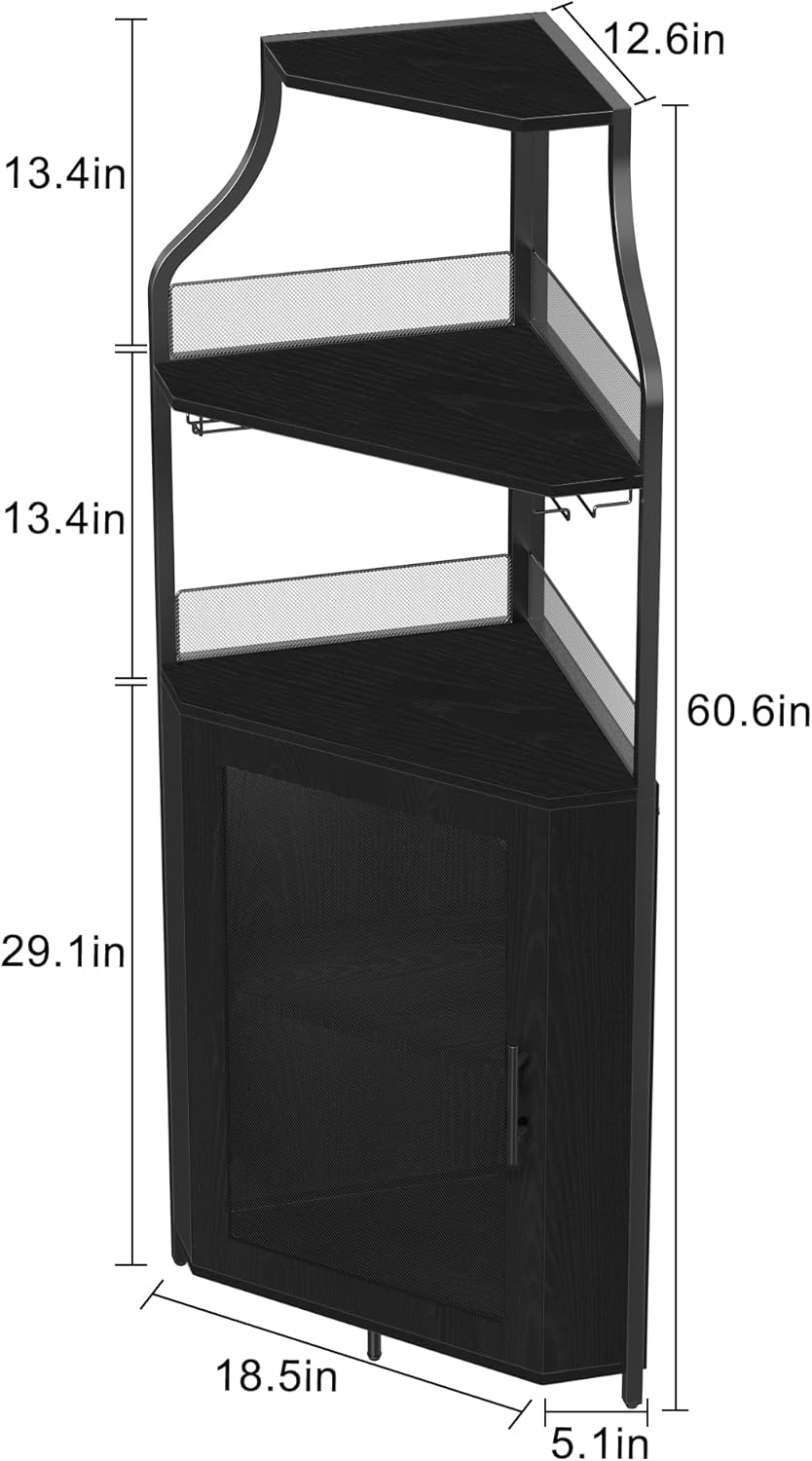 GarveeHome Corner Wine Cabinet with Detachable Wine Rack, 5-Tier Industrial Corner Bar Cabinet with Barn Door and Glass Holder, Farmhouse Buffet Cabinet and Home Bar, Black