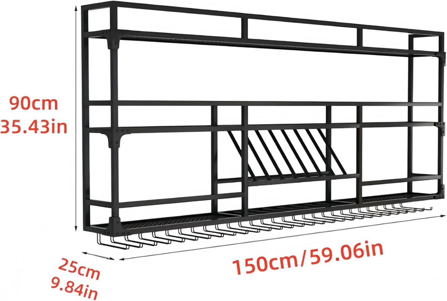 Metal Wall-Mounted Wine Rack with LED Light - 3 Tier Wine Storage Display Rack with Glass Holder - Space-Saving Bottle Display Shelf for Home Bars, Dining Rooms(Black, 59in/150cm)