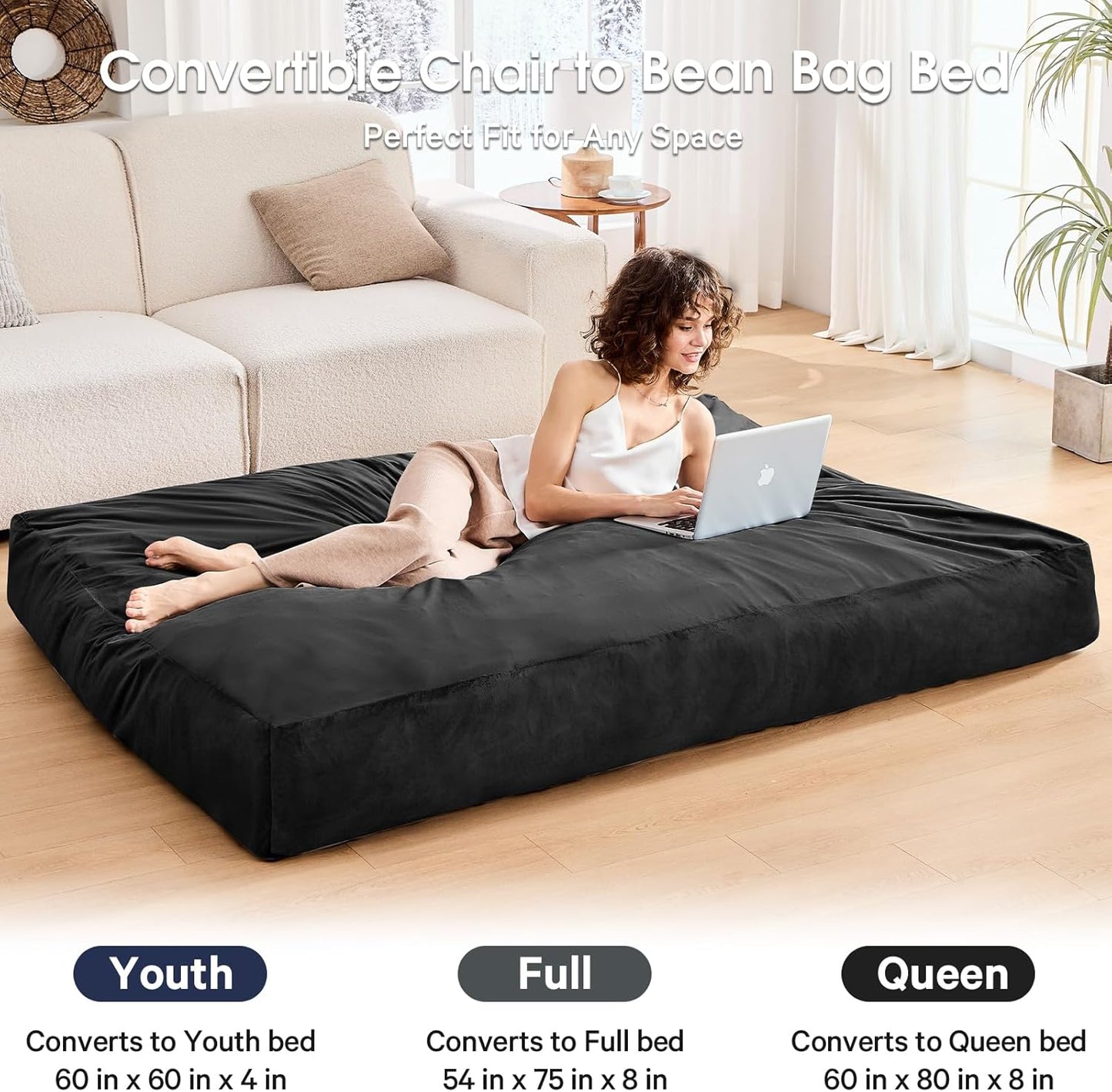 Bean Bag Chairs for Adults - Giant Bean Bag Chair Convertible Bean Bag Bed - Beanbag Chair with Microfiber Cover/Furniture Foam Filler - Floor Couch Sofa in Bedroom Dorm Room - Full Carbon Black