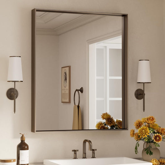 Keonjinn 30 x 36 Inch Brushed Bronze Bathroom Mirror, Metal Framed Rectangular Vanity Mirror for Wall, Square Corner, Modern Farmhouse, Rectangle Bathroom Mirrors for Over Sink(Horizontal/Vertical)