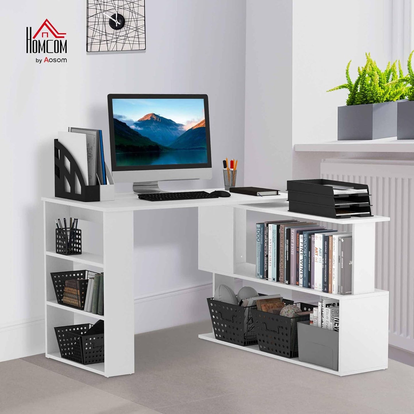HOMCOM L Shaped Desk, Corner Computer Desk, 360 Degree Rotating Home Office Desk with Storage Shelves, Writing Table Workstation, White