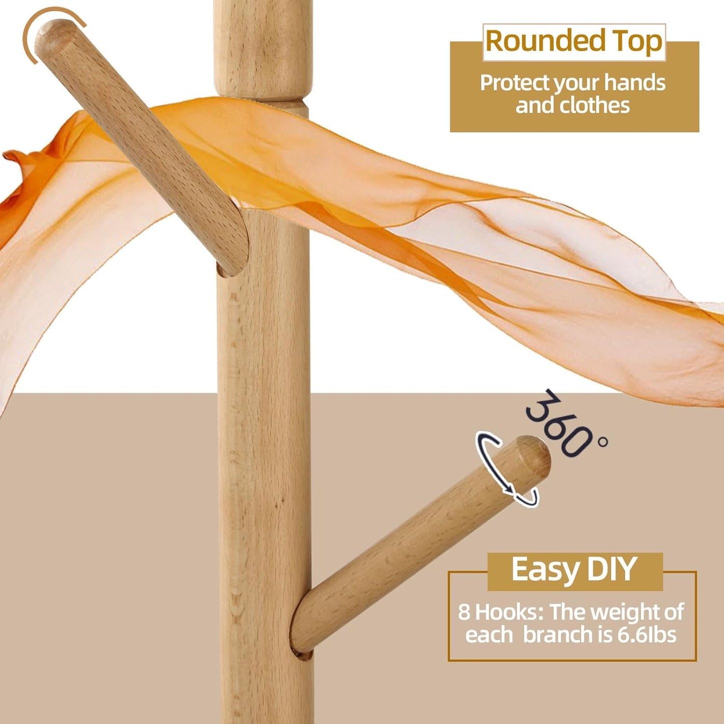 Yawinhe Coat Rack, Sturdy Wooden Coat Tree with 8 Hooks, 3 Adjustable Height for Bedroom, Hallway, Entrance, Office, 11.8 x 70.8 inches, Natural, 1-Pack, Square Base