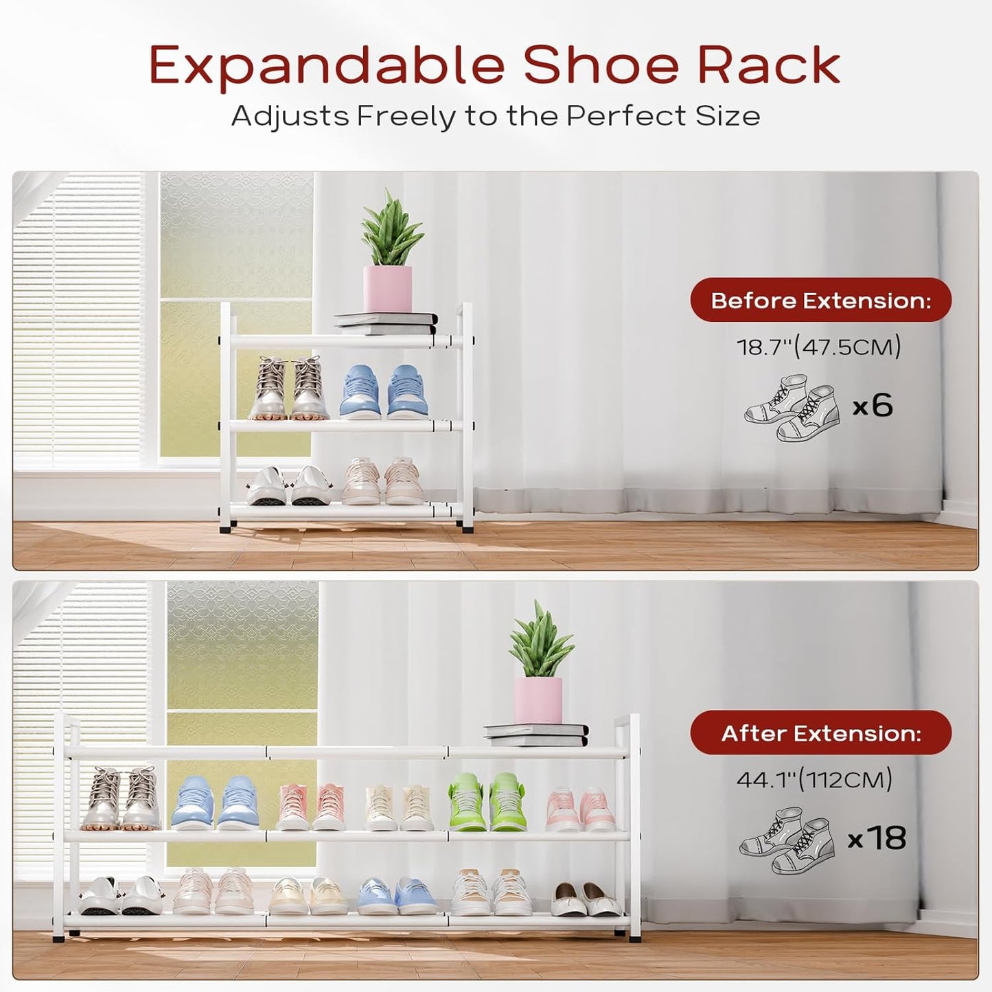 Bumusty 3-Tier Long Expandable Shoe Rack for Closet, 18"-44" Adjustable Shoe Rack for Entryway, 15-18 Pairs Large Shoe Organizer Shelf Storage, Sturdy Metal, White