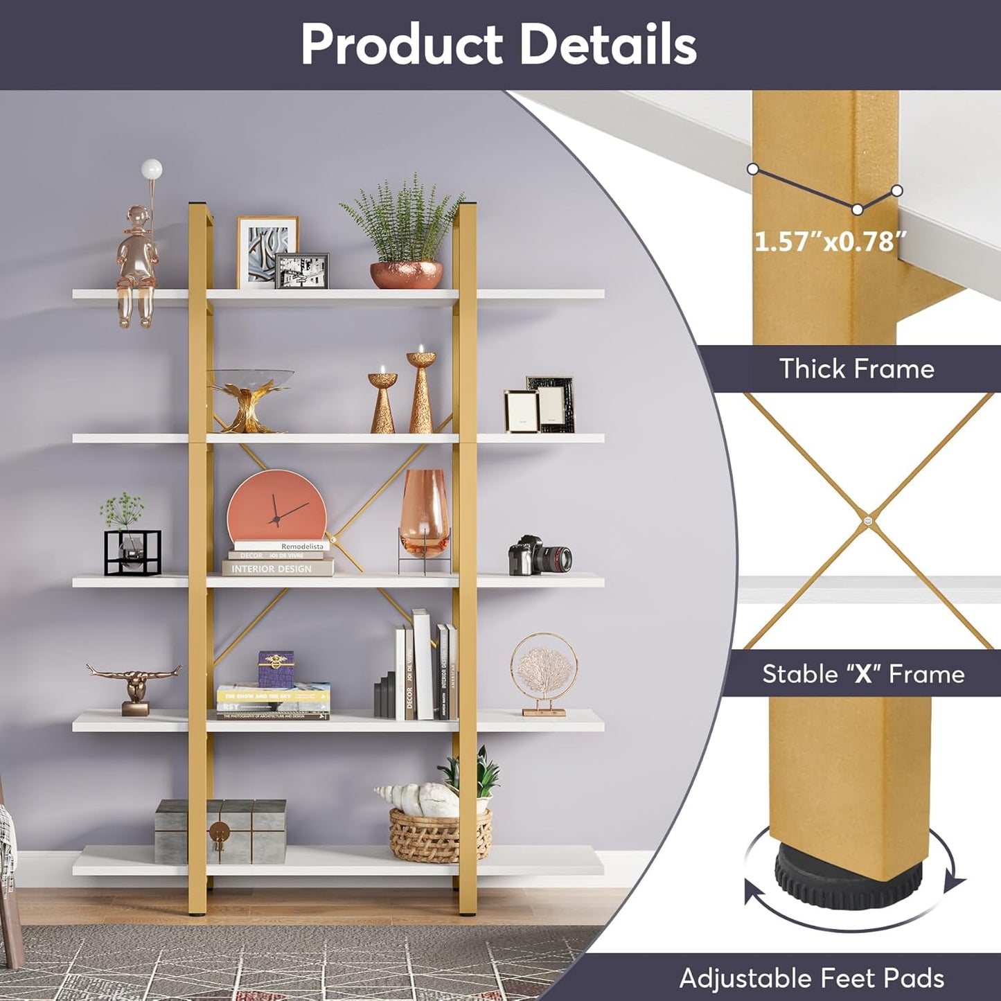 Tribesigns 5-Tier Bookshelf, Vintage Industrial Style Bookcase 70 ‘’ H x 12’’ W x 47’’L, Gold