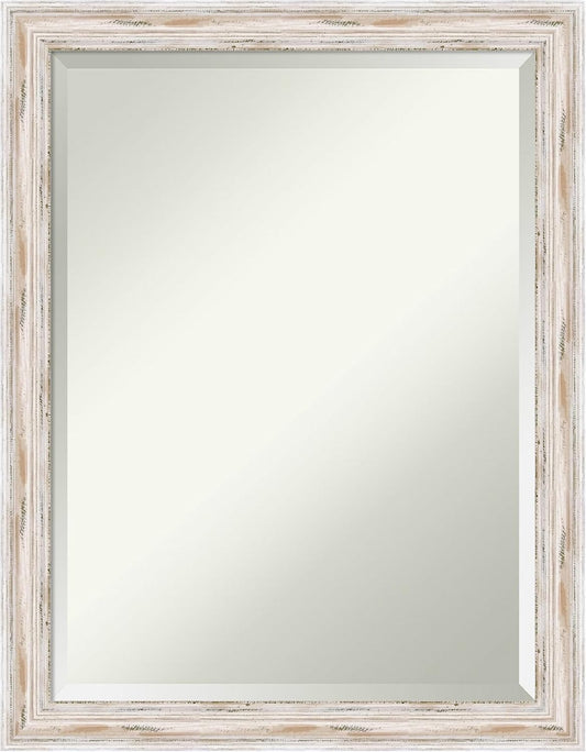 Amanti Art White Bathroom Mirror for Over Sink, 27x21 Alexandria White Wash Narrow Rectangle Vanity Mirror, Medium Cottage Wood Frame, Hangs Horizonally and Vertically, Bathroom Wall Decor, Beveled