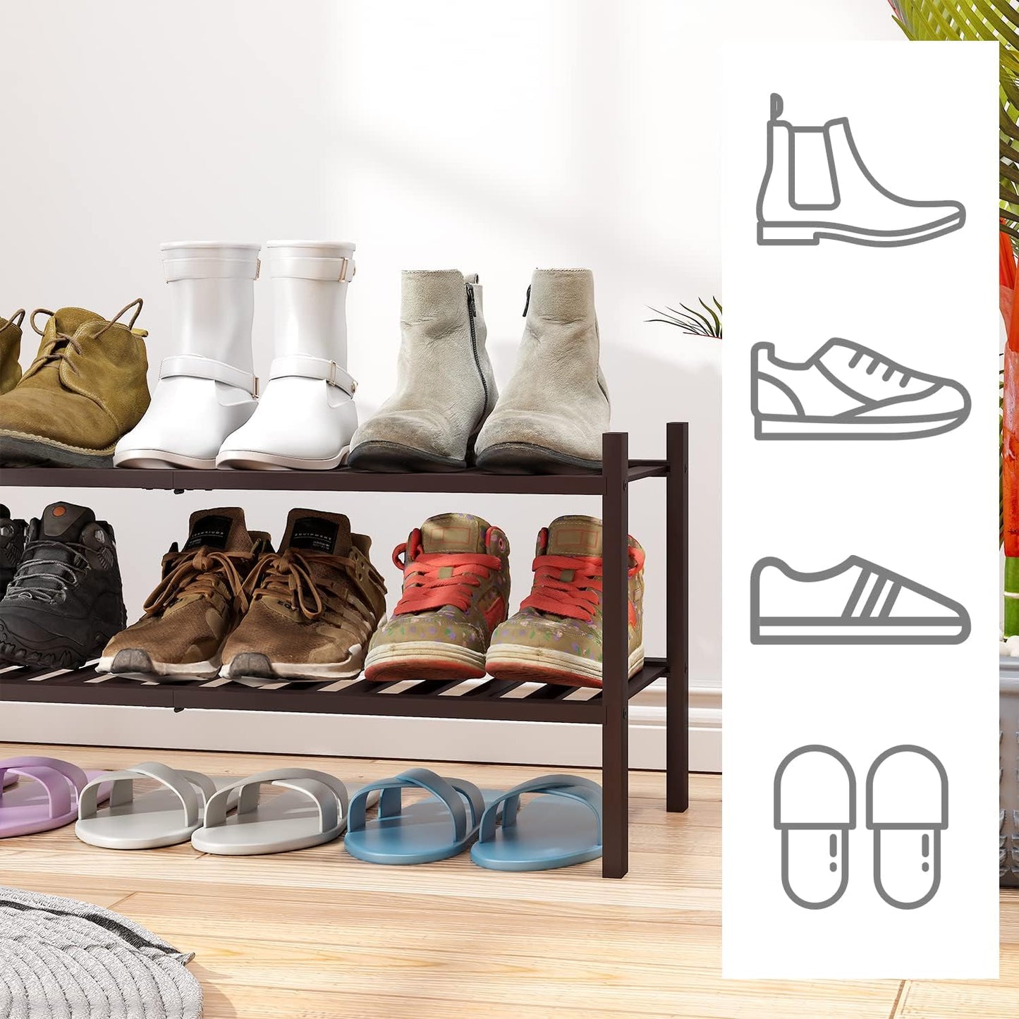 2-Tier Shoe Rack for Entryway, Bamboo Shoe Rack for Closet, Free Standing Shoe Racks for Indoor Outdoor, Stackable Shoe Shelf Storage Organizer for Hallway Closet