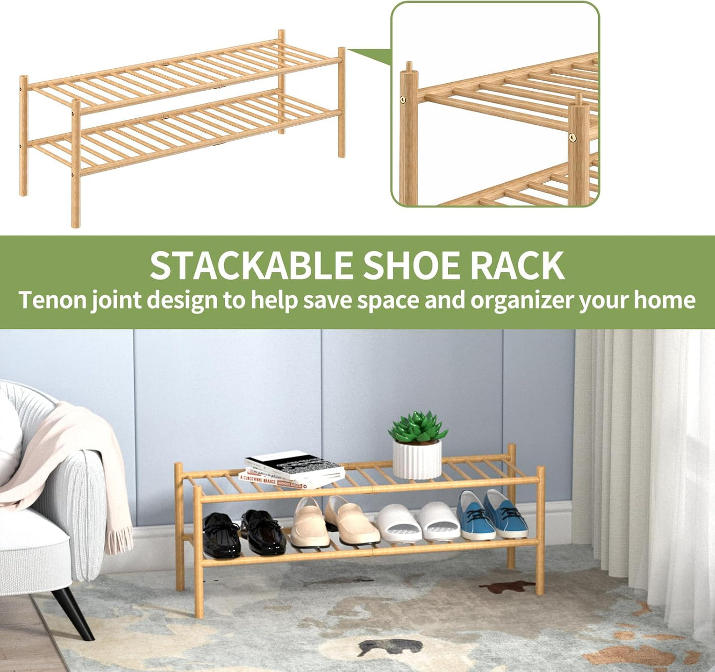 2-Tier Bamboo Long Shoe Rack, Free Standing Wood Shoe Shelf Storage Organizer for Closet Entryway Stackable 35"x11"x13" (Natural)