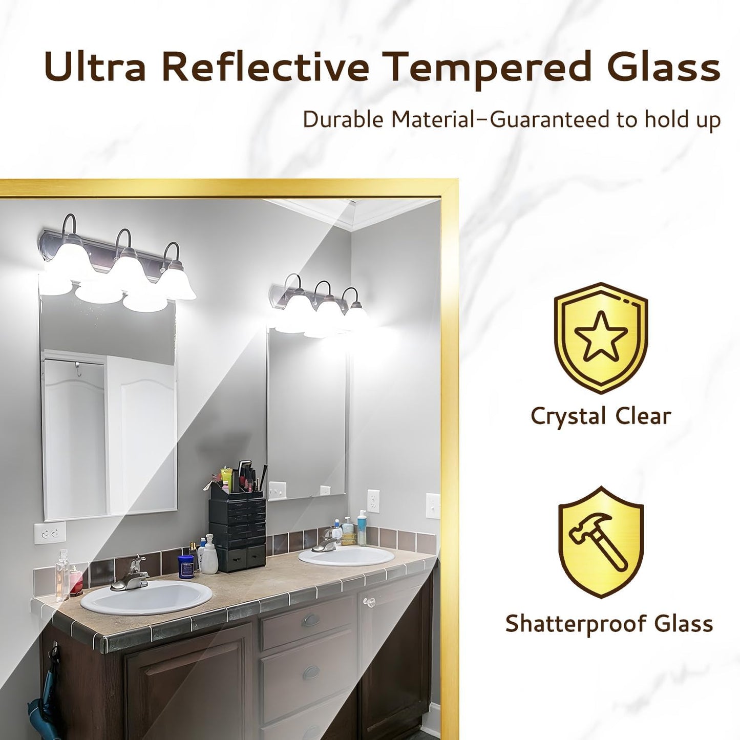 Bathroom Mirror 24"x36", Gold Vanity Mirror with Brushed Metal Frame & Tempered Glass, Rectangle Wall Mirror Mounted, Rust-Resistant for Bedroom, Entryway and Living Room Decor