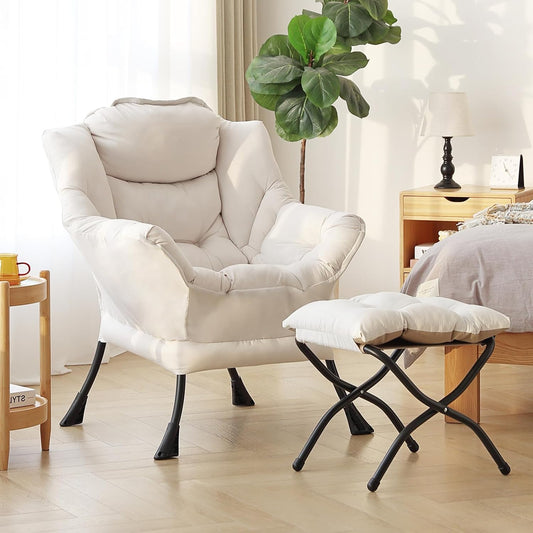 Lazy Chair with Ottoman, Modern Reading Lounge Accent Chair with Armrests and a Side Pocket, Leisure Upholstered Lazy Sofa Set with Footrest for Small Space, Beige
