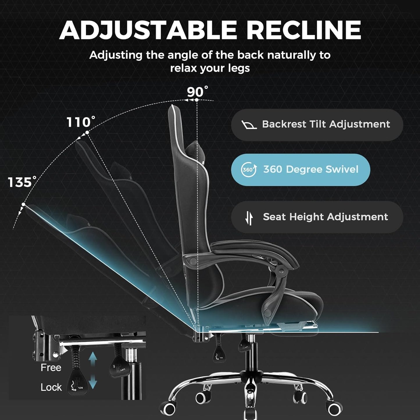 GTPLAYER Gaming Chair with Footrest, Computer Chair with and Lumbar Support, Height Adjustable Game Chair with 360°-Swivel Seat and Headrest and for Office or Gaming (All Black-Fabric)