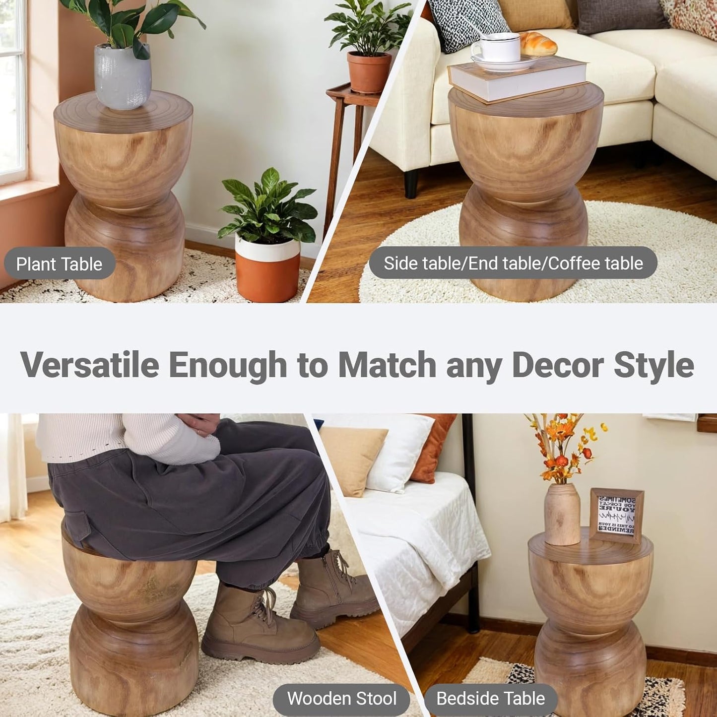 Small Wooden Side Table, 15.75" H Hand Carved Rustic Tree Stump End Table, Natural Paulownia Wood Compact Round Coffee Table, Mini Indoor Outdoor Wood Stool for Living Room, Bedroom, Patio, Garden