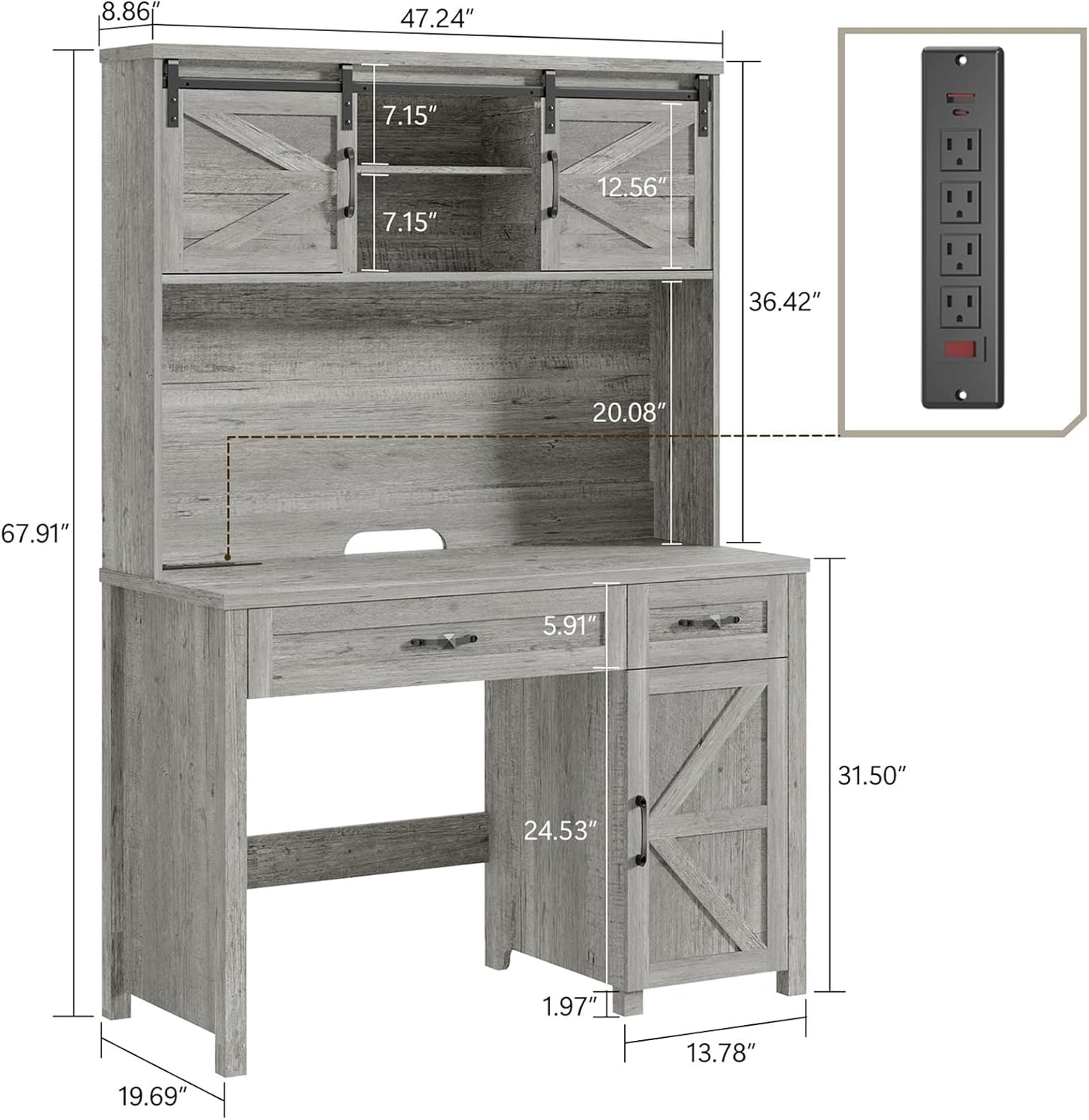 Farmhouse 47" Executive Desk, Computer Desk with 2 Drawers and Storage Cabinet, Home Office Desk with Hutch, Charging Hub, Workspace for Work and Study, Gray