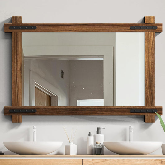 YOSHOOT Farmhouse Wood Bathroom Mirror, 32"x24" Rustic Wall Mirror, Round Corner Vanity Mirror for Decor, Vertical or Horizontal Hanging, Selected Wood, 100% Handmade