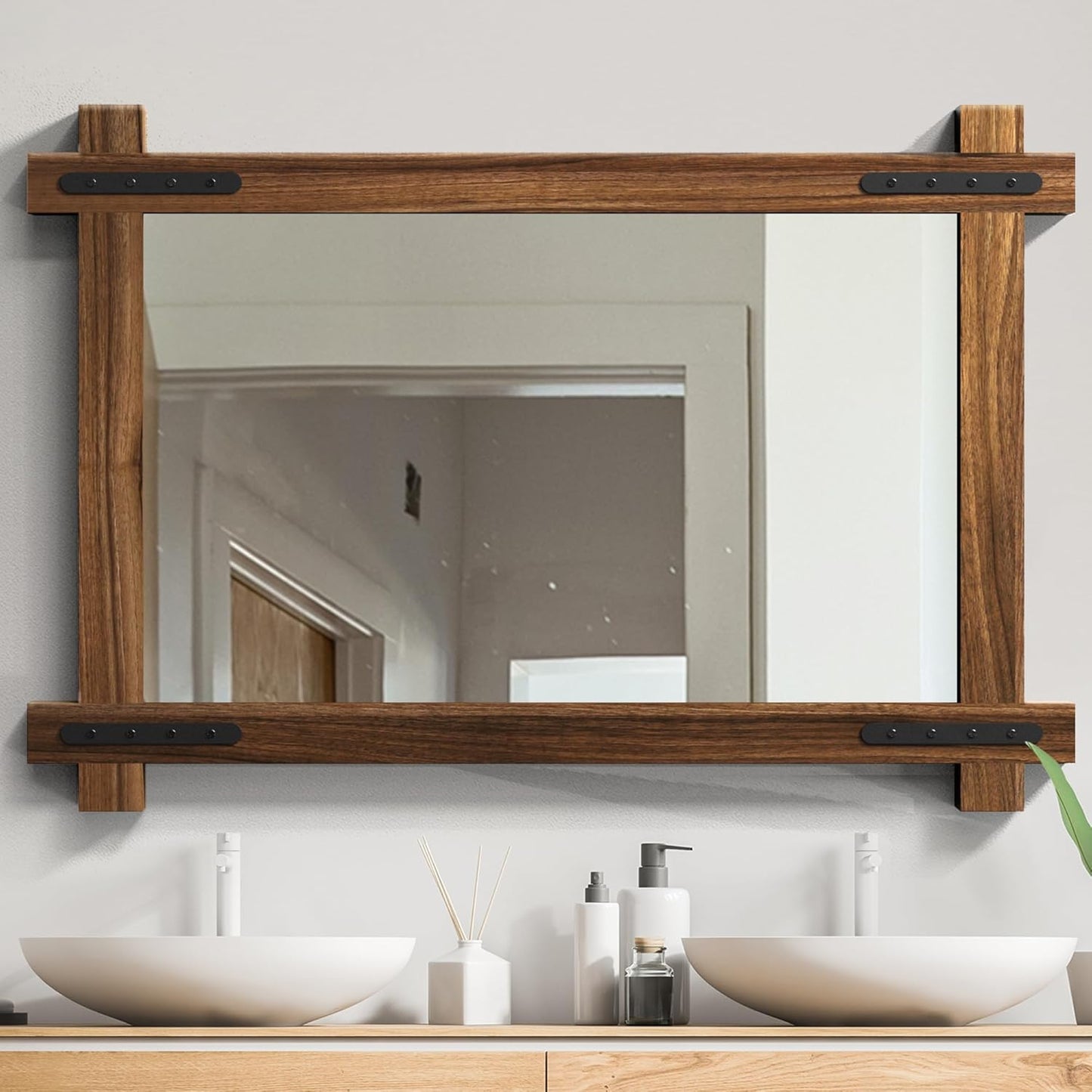 YOSHOOT Farmhouse Wood Bathroom Mirror, 40"x30" Rustic Wall Mirror, Round Corner Vanity Mirror for Decor, Vertical or Horizontal Hanging, Selected Wood, 100% Handmade