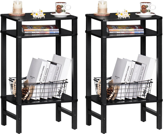 28in Tall Side Table Set of 2, 3-Tier Small Narrow End Table for Couch, Skinny Nightstand for Small Space, Farmhouse Slim Night Stand with Storage, Wooden Frame Thin Bedside Table, Black