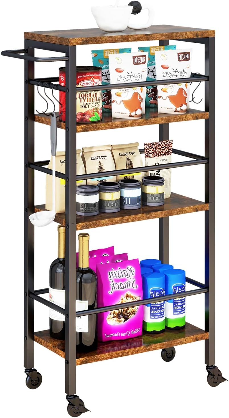 IBUYKE 7.8" Slim Rolling Cart,4-Tier Metal Kitchen Storage Cart,Trolley cart on Wheels for Narrow Space,with Handle and Wooden Tabletop,for Kitchen, Dining Room,Laundry Room,Rustic Brown UTMJ065H