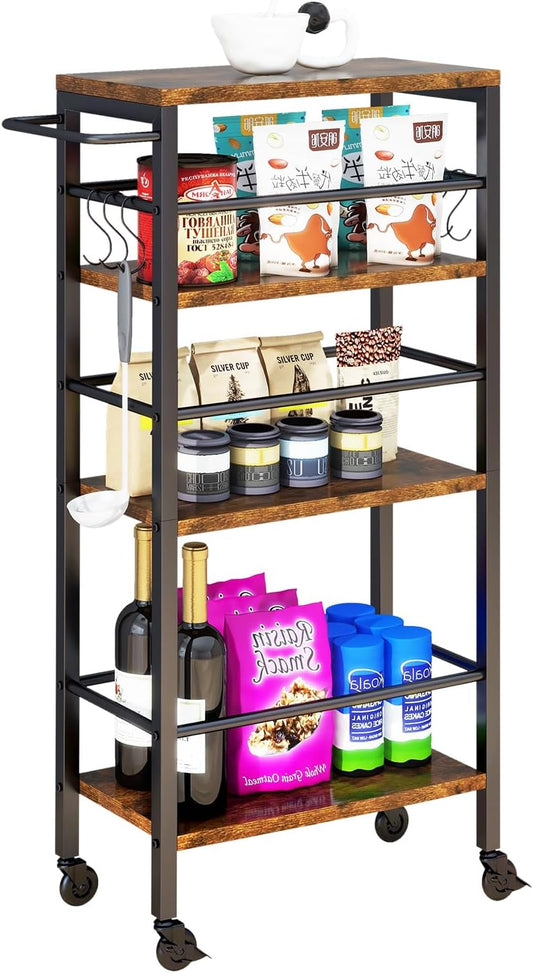 IBUYKE 7.8" Slim Rolling Cart,4-Tier Metal Kitchen Storage Cart,Trolley cart on Wheels for Narrow Space,with Handle and Wooden Tabletop,for Kitchen, Dining Room,Laundry Room,Rustic Brown UTMJ065H