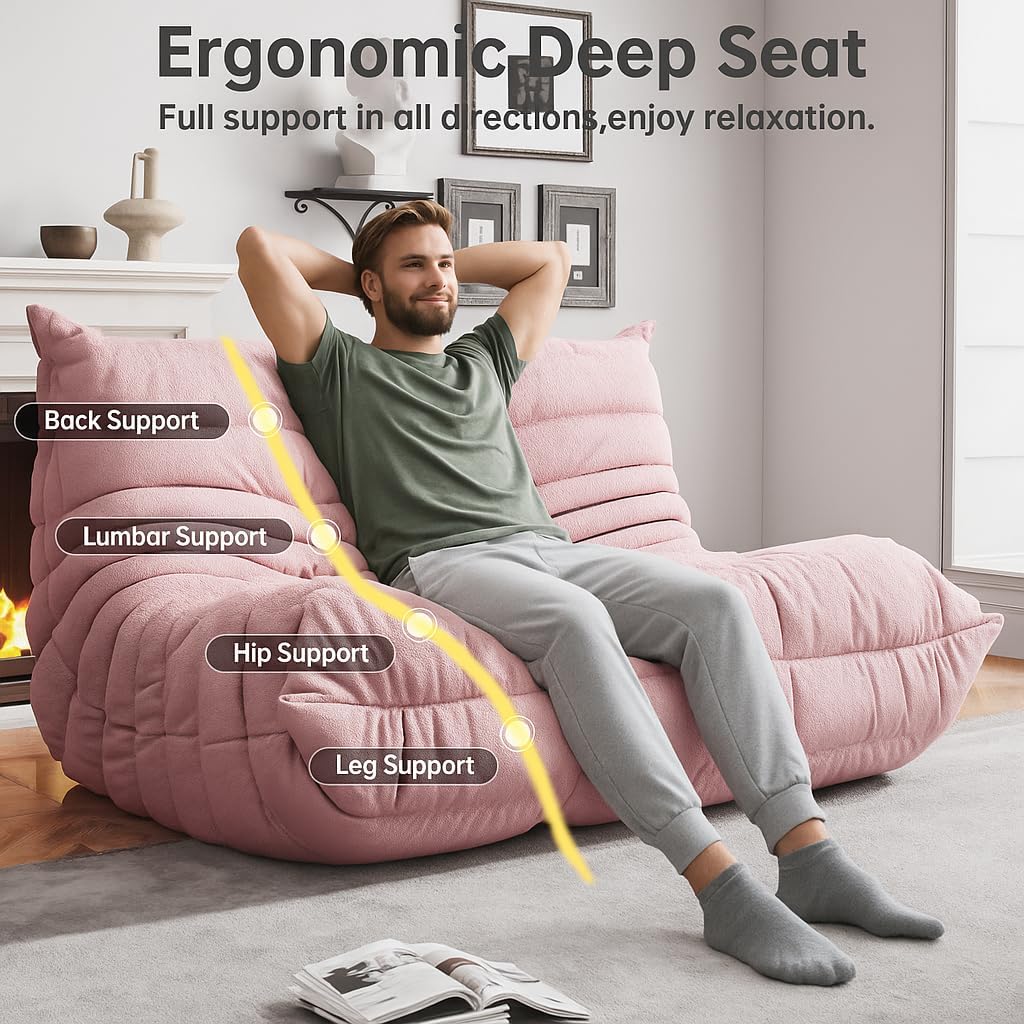 Bean Bag Chairs for Adults, Memory Foam Couch Loveseat Sofa Chair, Soft Teddy Material Cozy Comfy Reading Nook Chairs, Floor Chair for Living Room Bedroom Office(Pink)