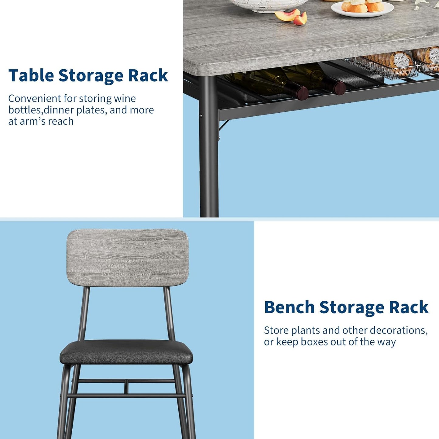 GarveeHome Dining Table Set for 4 with Storage Rack, 5-Piece Kitchen Table and Upholstered Chairs of 4, Wood Tabletop & Heavy-Duty Metel Frame, Dining Room Set for Small Space, Apartment, Gray