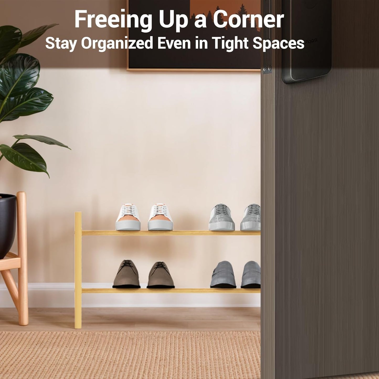 Haddockway Bamboo Shoe Rack for Closet, Free Standing Shoe Organizer with Smooth Round Rods & Convenient Handles, Stackable Shoe Storage Shelf for Entryway, Hallway(Natural, 2-Tier(Small))