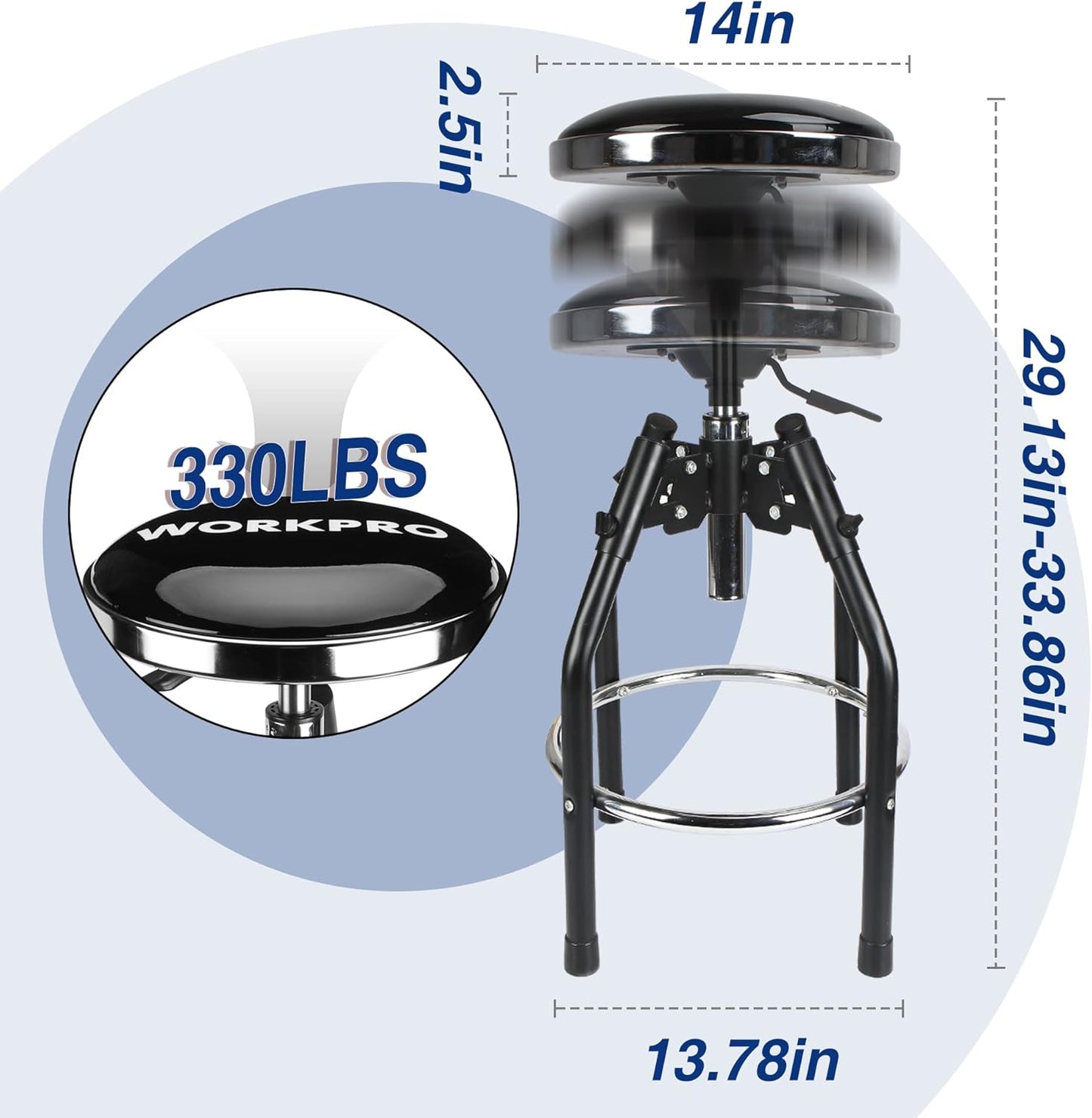 WORKPRO Heavy Duty Adjustable Hydraulic Shop Stool,Garage Bar Stool, 29in to 33.86in, 330-Pound Capacity, Black