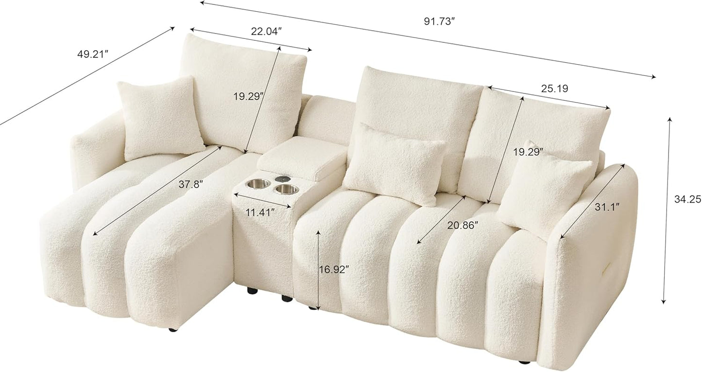 92-Inch Teddy Boucle Tufted Sofa Couch with Storage Console and Chaise Lounge, L-Shaped Left Facing Corner Sectional Sofa Couch with Cupholders, USB Ports and Golden Accent for Living Room Office