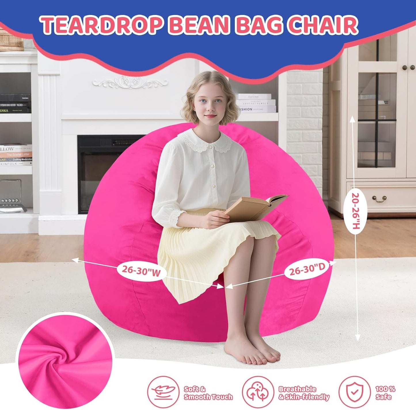 2FT Bean Bag Chair, Comfy Bean Bag Chairs with Memory Foam Filled, Fluffy Beanbag Sofa with Dutch Velvet Cover, Teardrop BeanBag Chairs for Living Room, Playroom - Pink