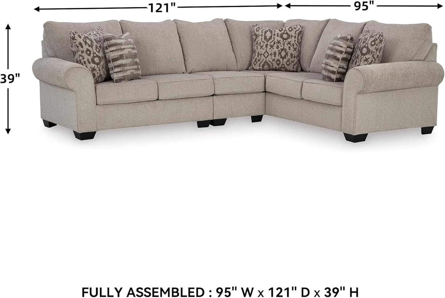 Signature Design by Ashley Claireah Casual L-Shaped 3-Piece Sectional with Loose Seat Cushions and 5 Accent Pillows, Beige