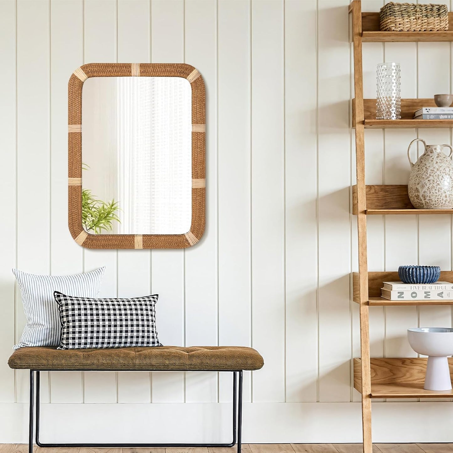 ULIKE Rectangle Rattan Wall Mirror, 22x30 Inch Rustic Farmhouse Wall Decor with Wicker Frame, Boho Mirror for Nursery Bathroom Bedroom Living Room Entryway