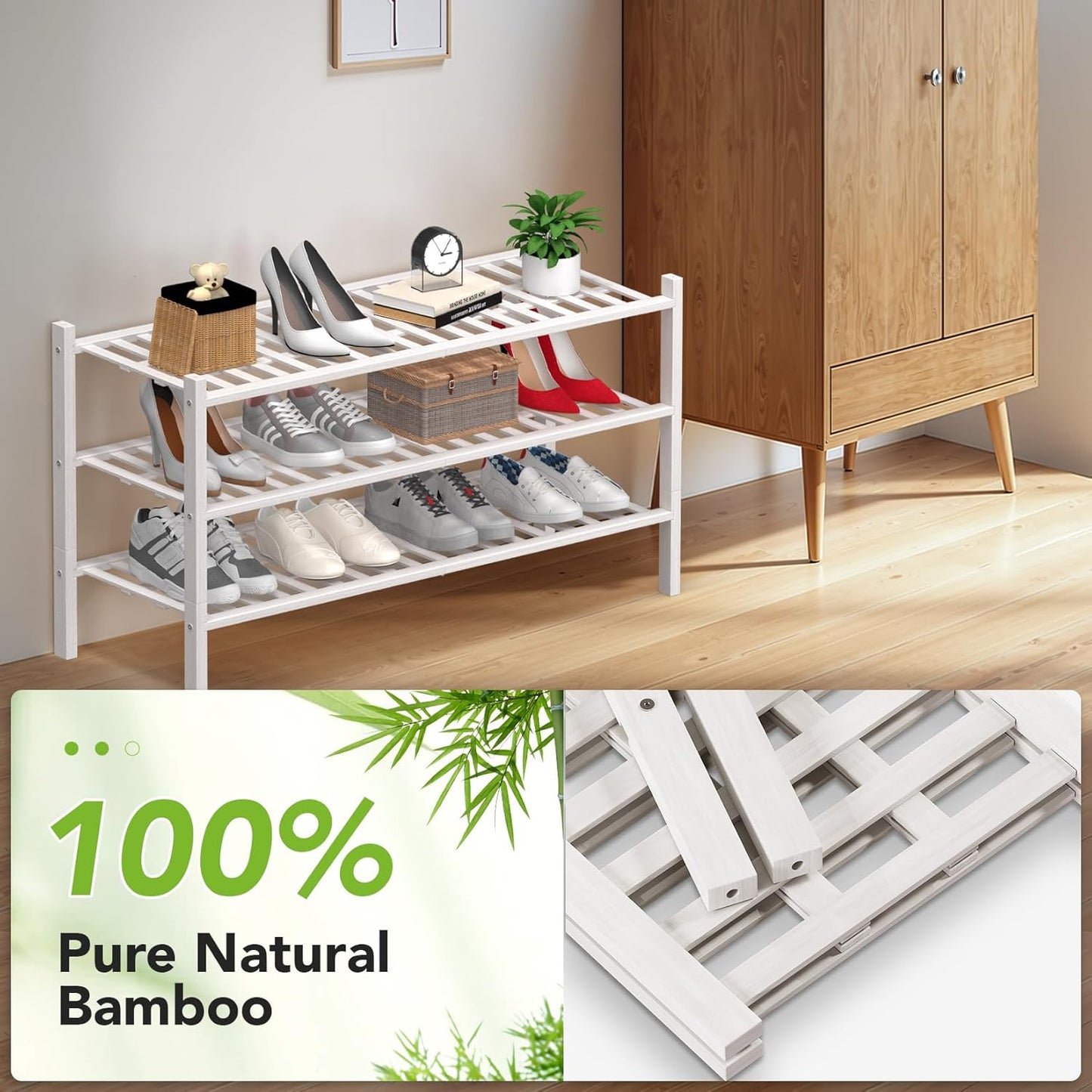 Haddockway Long 3 Tier Bamboo Shoe Rack Storage Organizer, Multifunctional Free Standing Stackable Shoe Shelf with Grid Panel for Closet,Hallway,Entryway,Small Space 34.2"x11"x20"(White, 3-Tier(Long))