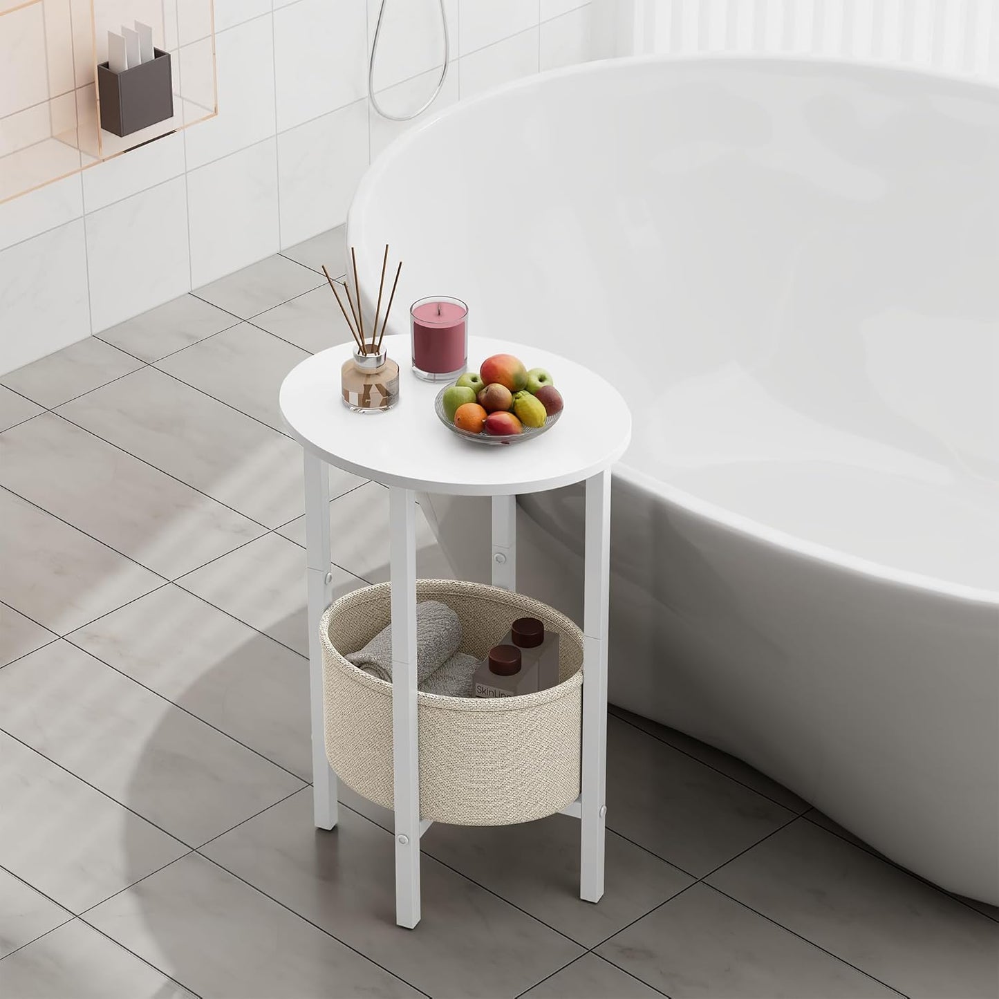 Vagusicc Round Side Table End Table with Storage Basket, Small Side Table Round Nightstand for Small Spaces, Tall Oval End Table with Steel Frame, Coffee Bedside Table for Living Room Bedroom, White