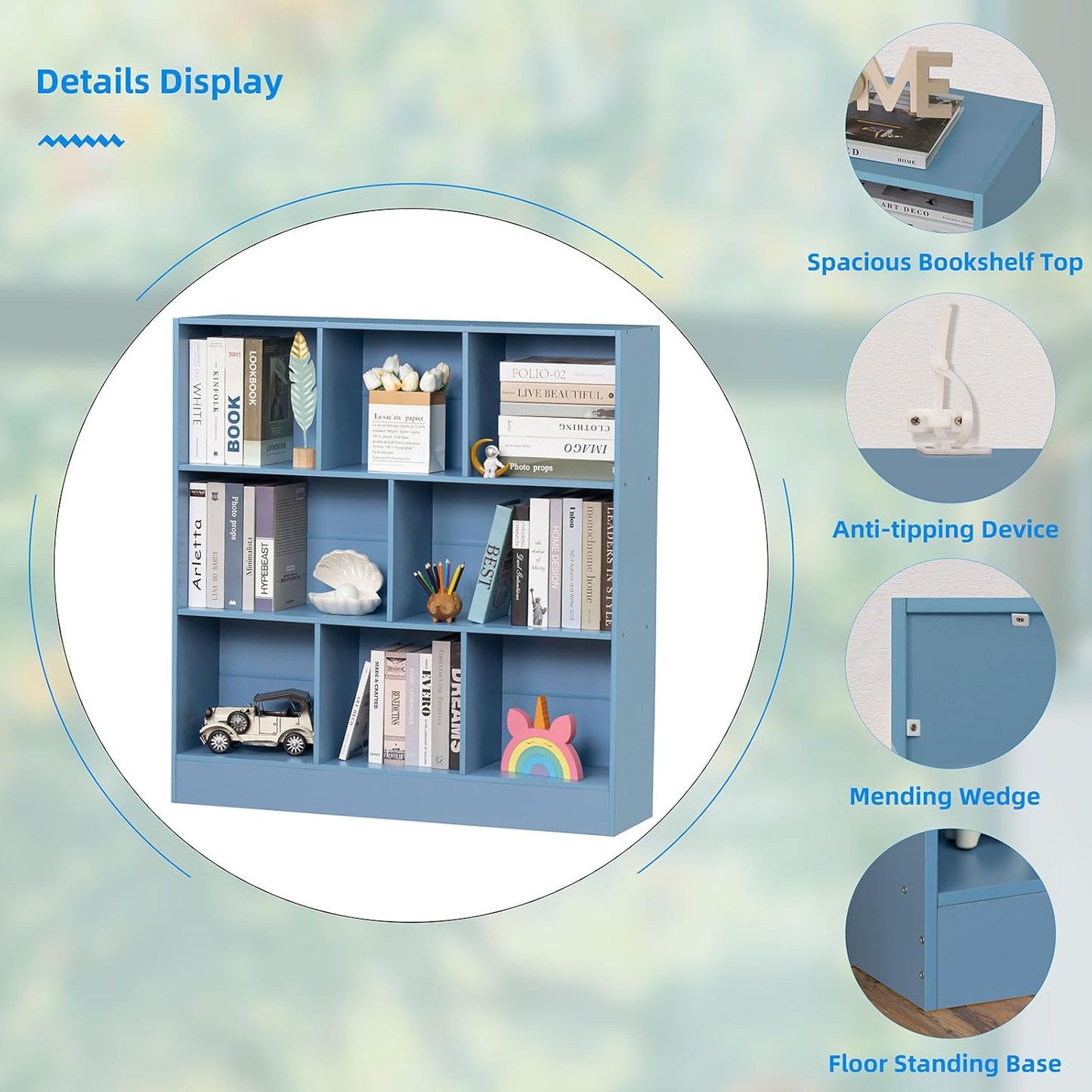 YAHARBO 3 Tier Bookshelf,Wide Kids Horizontal Bookcase,8 Cube Blue Book Shelf,Large Display Toy Storage Cabinet with Base,Floor Standing Modern Bookcases Organizer for Bedroom,Nursery,Playroom