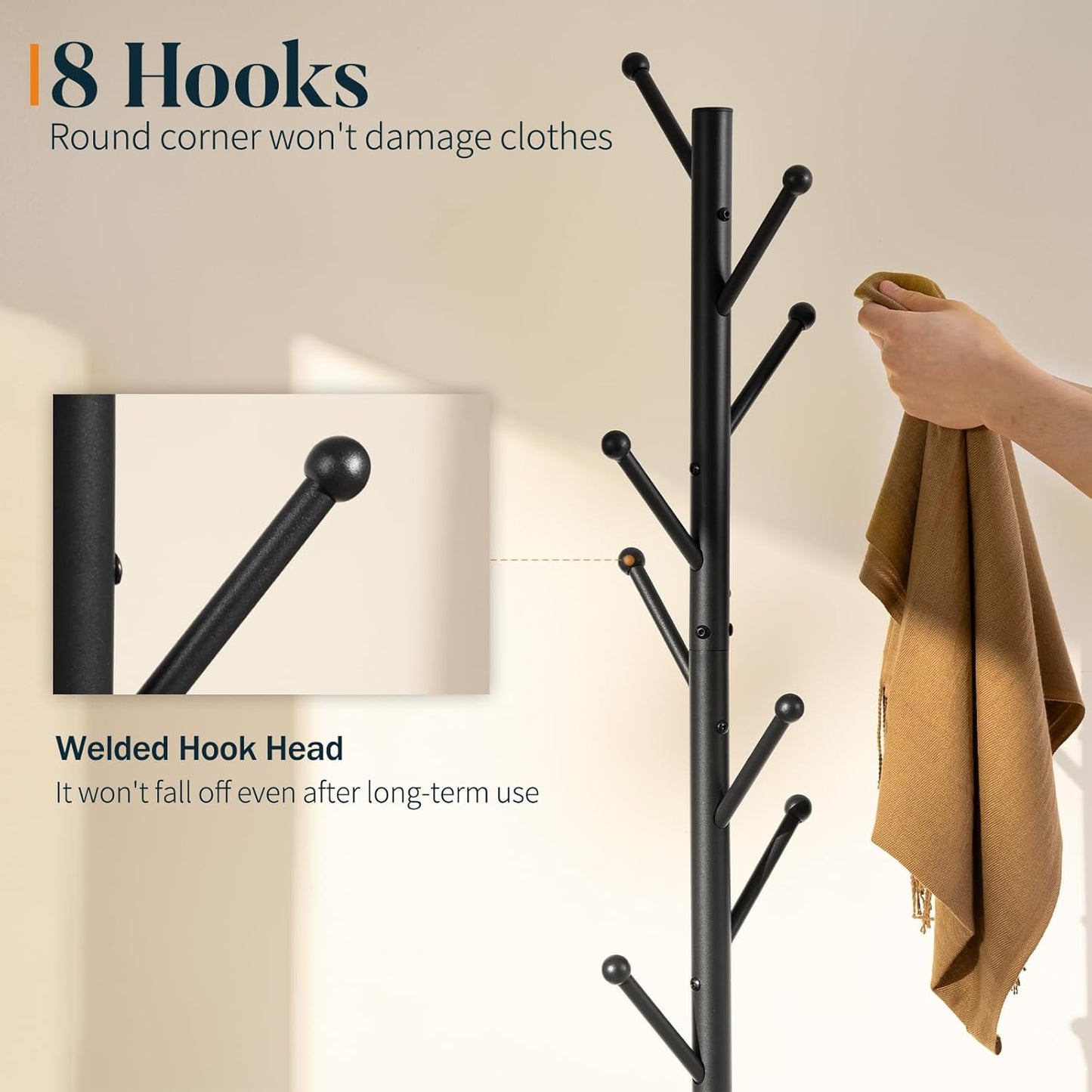 Yoobure Coat Rack Freestanding with Natural Marble Base - Coat Tree with 8 Hooks Heavy Duty Coat Hanger Stand, Metal Coat Rack Stand for Jacket, Hat, Clothes & Bag, Hall Tree Hat Rack for Entryway