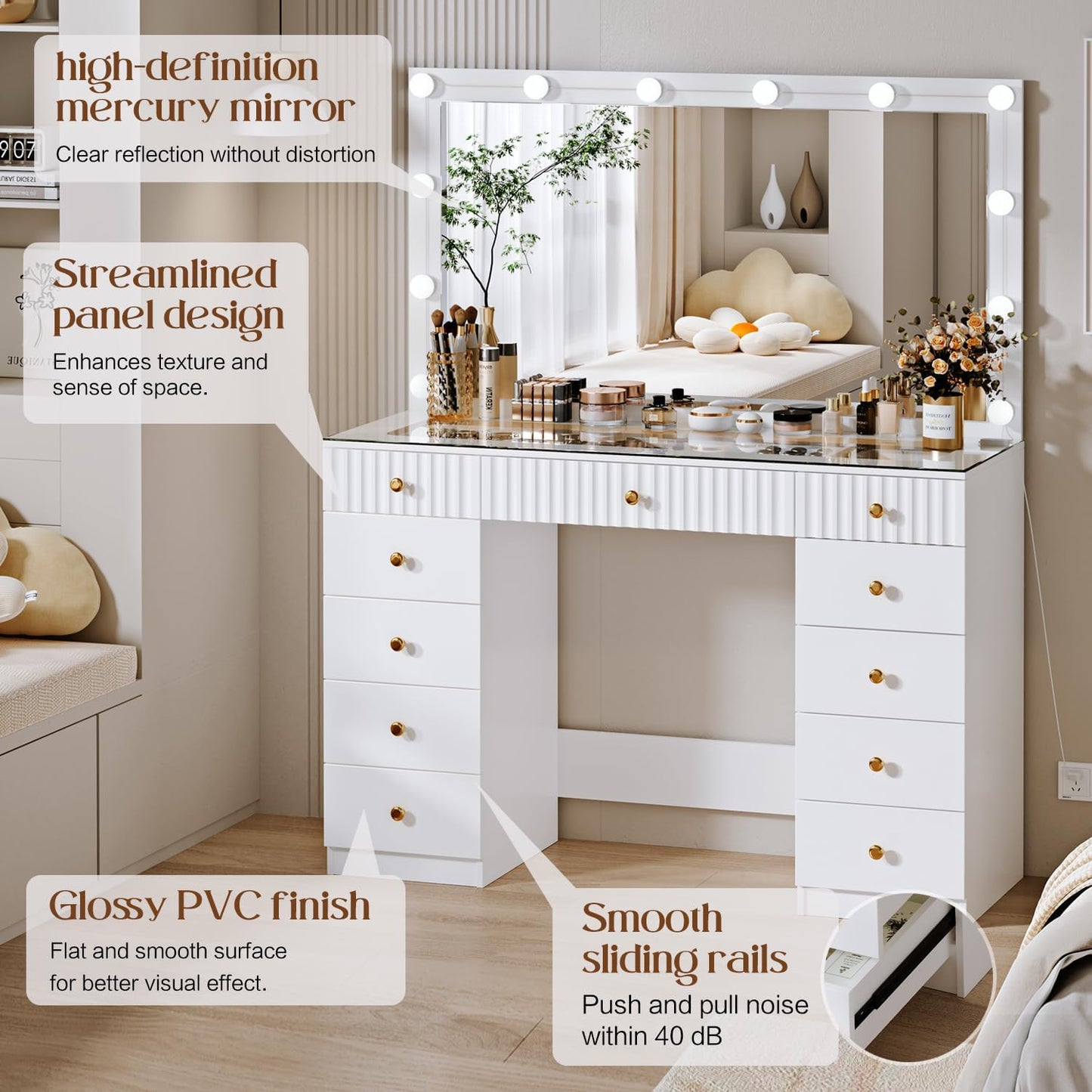 Fluted Makeup Vanity Desk with 46" HD Lighted Mirror,Big Modern Vanity Desk with Mirror and 12 LED Lights, Dressing Table with 11 Drawers, Glass Top for Bedroom,White