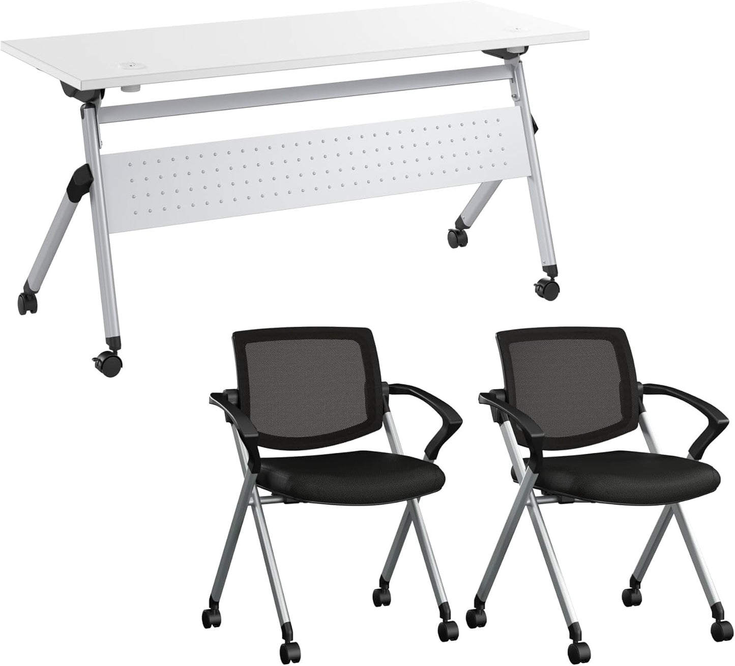 Bush Business Furniture Folding Training Table Set for 2, 60 inch Desk with Powered Grommets and 2 Chairs with Arms, Commercial-Grade Bundle for Office or Classroom, Envision Collection, White