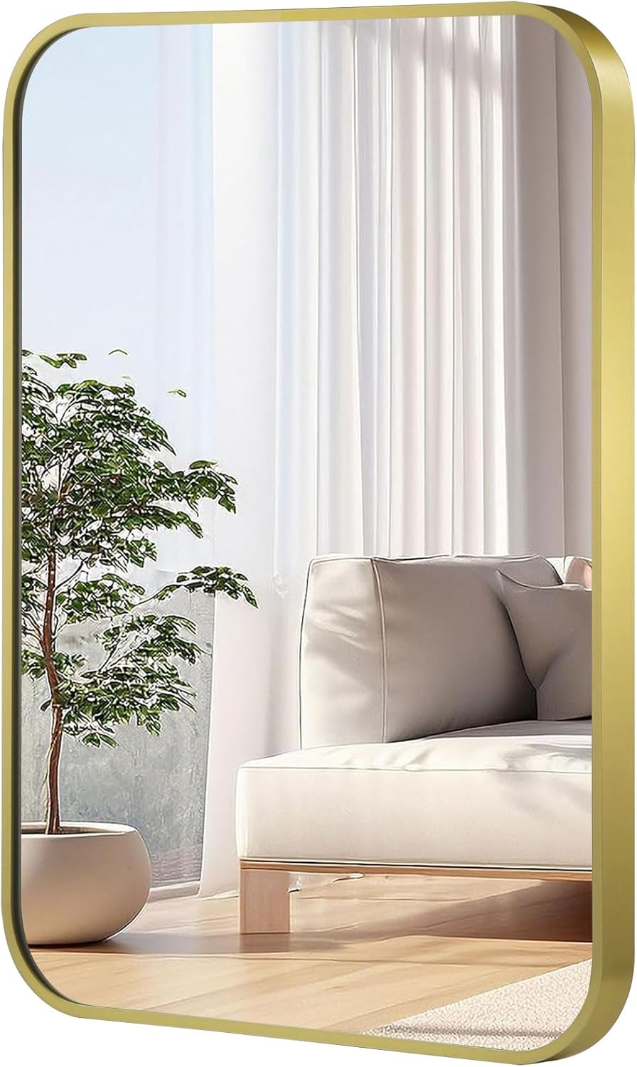 22x30 Inch Gold Mirror, Framed Rectangle Mirror with Rounded Corner, Brushed Brass Mirror, Gold Bathroom Mirror for Over Sink, Vanity, Living Room, Bedroom, Horizontal/Vertical