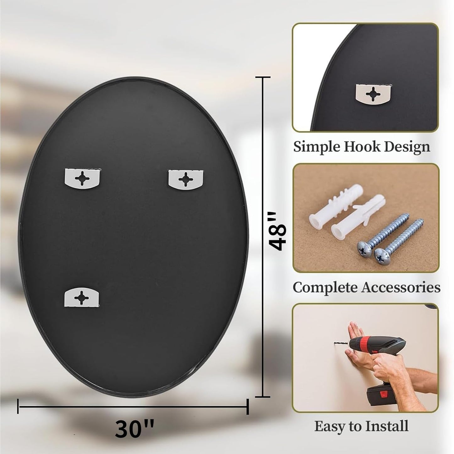 Koonmi Black Oval Bathroom Mirror, 30"x48" Bathroom Vanity Mirror, Oval Mirror for Bedroom Living Room Entryway, Hangs Horizontal or Vertical