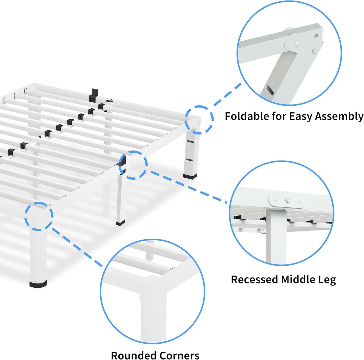 18 Inch King Size White Bed Frame, 3500Lbs Heavy Duty Metal Platform with Round Corner Legs Mattress Slide Stopper, Steel Slat Support No Box Spring Needed, Noise Free, Non-Slip, Easy Assembly