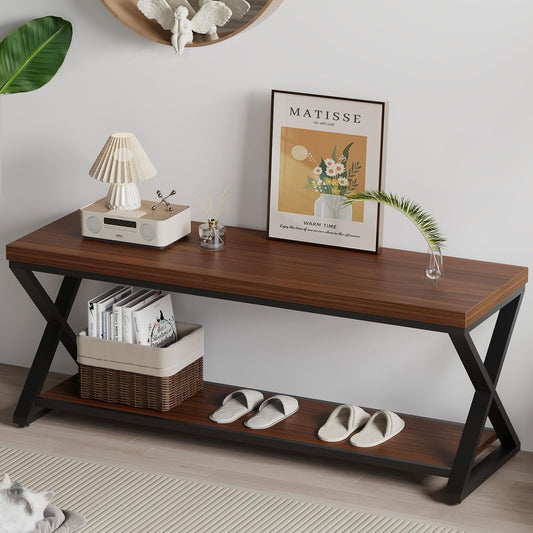 IBF Wood Entryway Bench Indoor, Industrial Wooden Metal Entry Shoe Storage Bench in Bedroom, Farmhouse Hallway Shoe Rack Bench Seating for Foyer Living Dining Room End of Bed, Walnut, 47 Inch