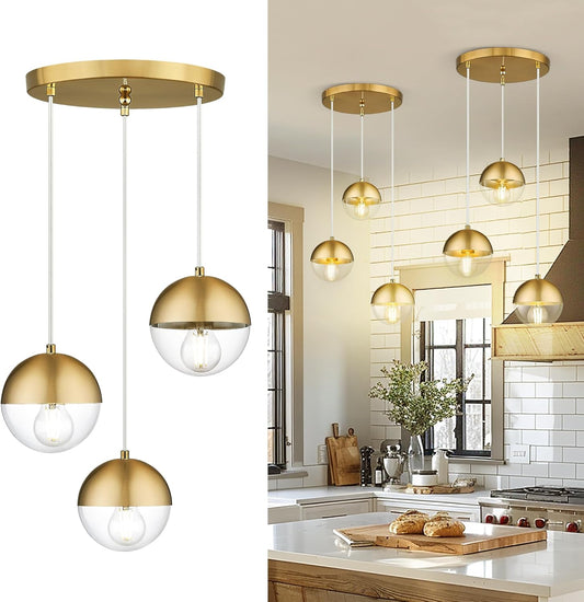 LMS Brushed Gold 3-Light Cluster Pendant Lights, Modern Dining Room Light Fixtures Over Table with Clear Globe Glass, Adjustable Hanging Cord Ceiling Light for Dining Room Kitchen Island, LMS-186BGC3