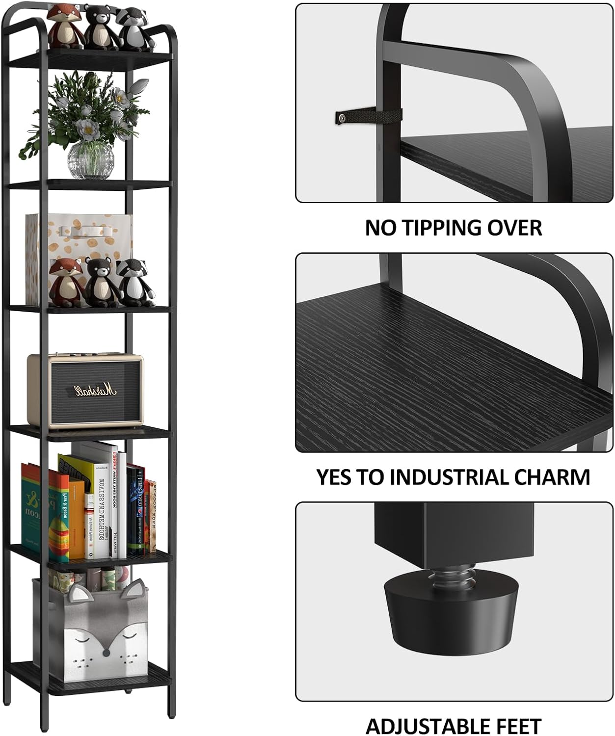 Book Shelf, 6 Tier Bookshelf, Bookcase with 6 Shelves, Storage Rack Organizer, Corner Wood Storage Shelf with Metal Frame for Bedroom, Living Room, Black