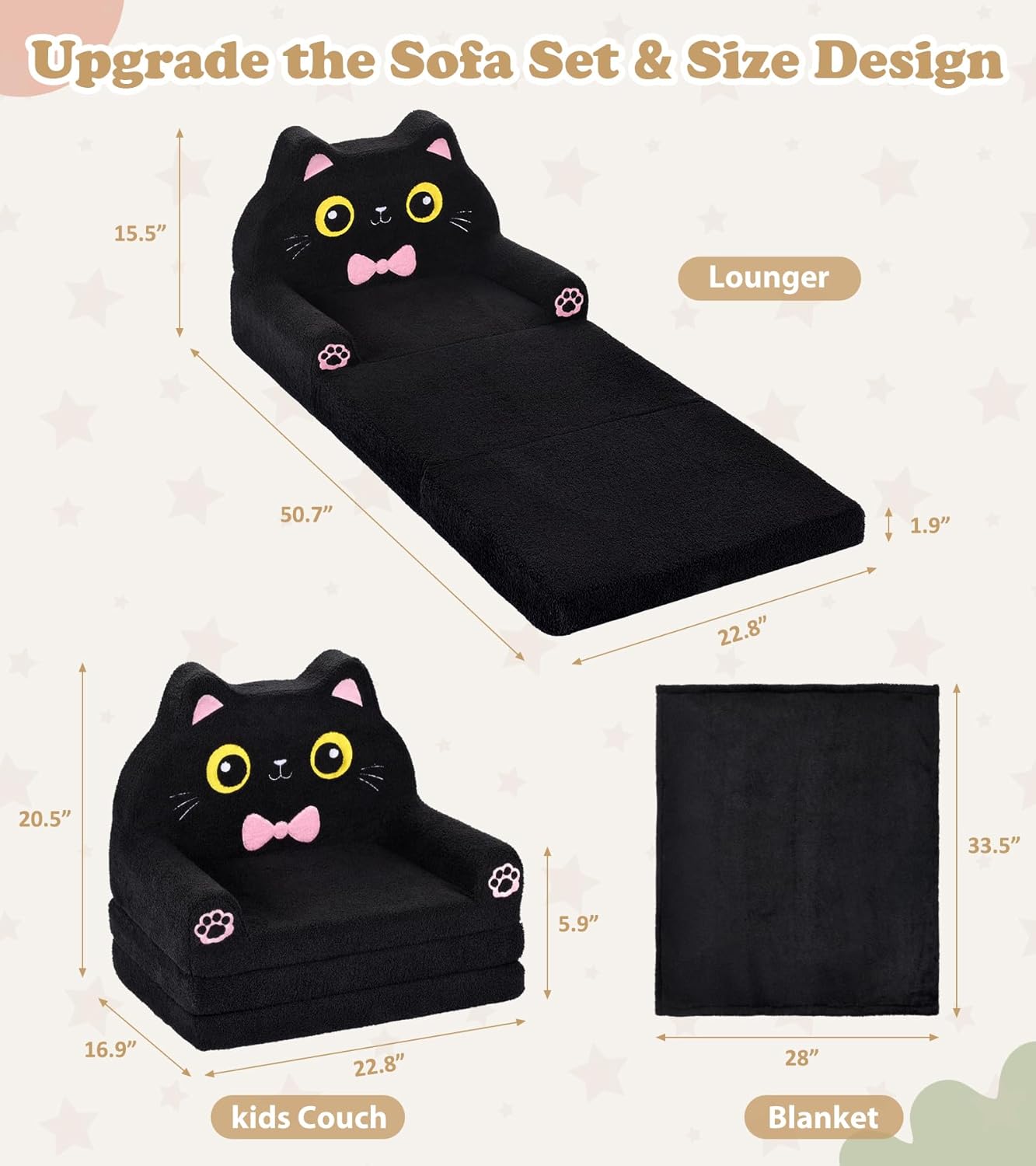 Kids Couch, 2-in-1 Soft Toddler Couch Fold Out with Blanket, Chair Comfy, Foldable Convertible Plush Sofa to Lounger, Gifts for Kids Girl Boys, Black Kitty